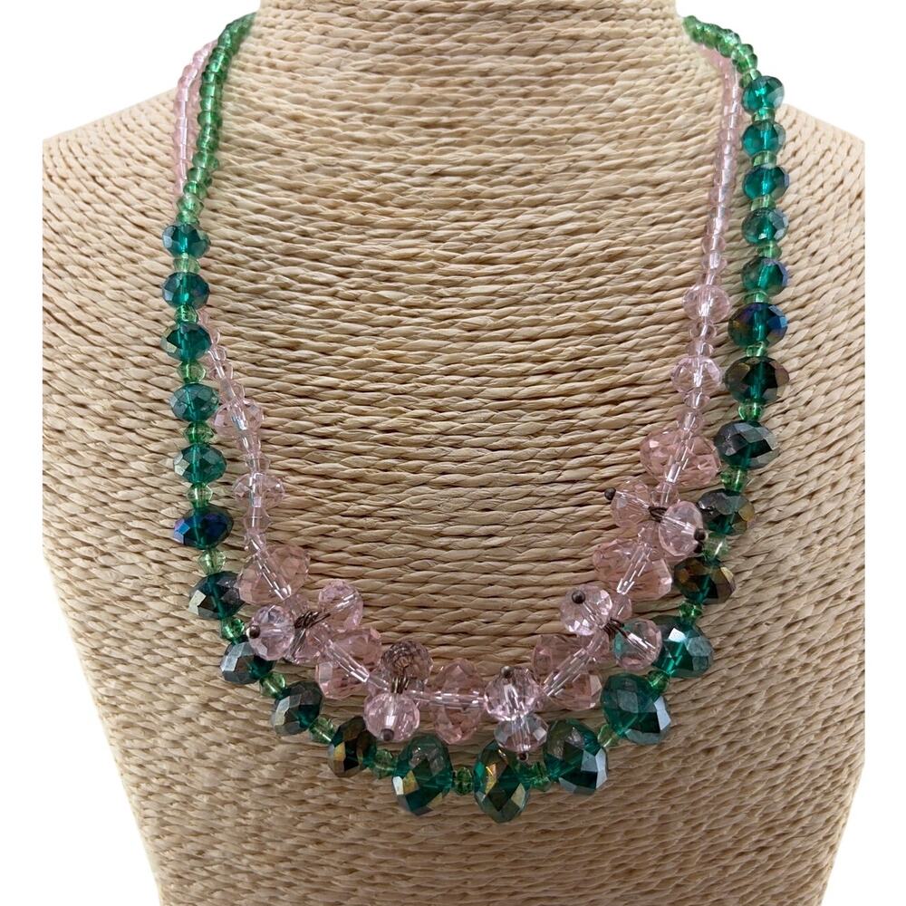 Vintage Double Strand Pink Green Crystal Iridescent Beaded Necklace